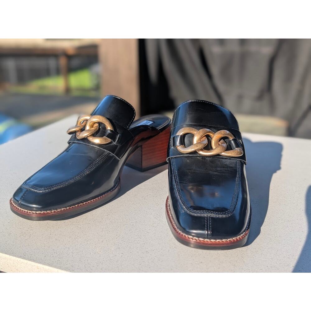 Steve Madden Black Leather Loafer Mules with Gold Chain Accent